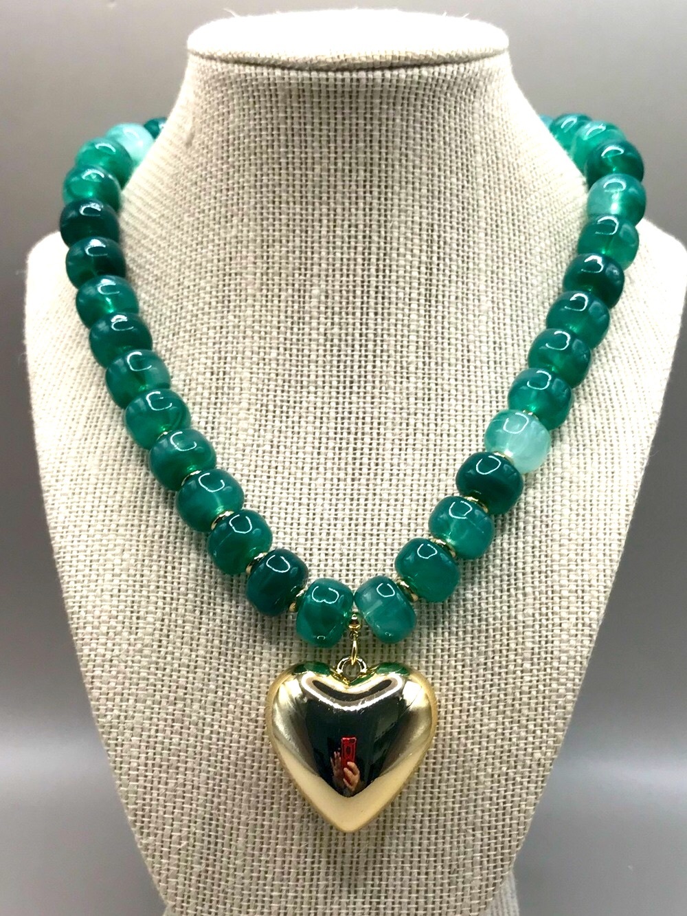 Gold-Tone Puffy Heart Pendant with Emerald Green Acrylic Bead Necklace
